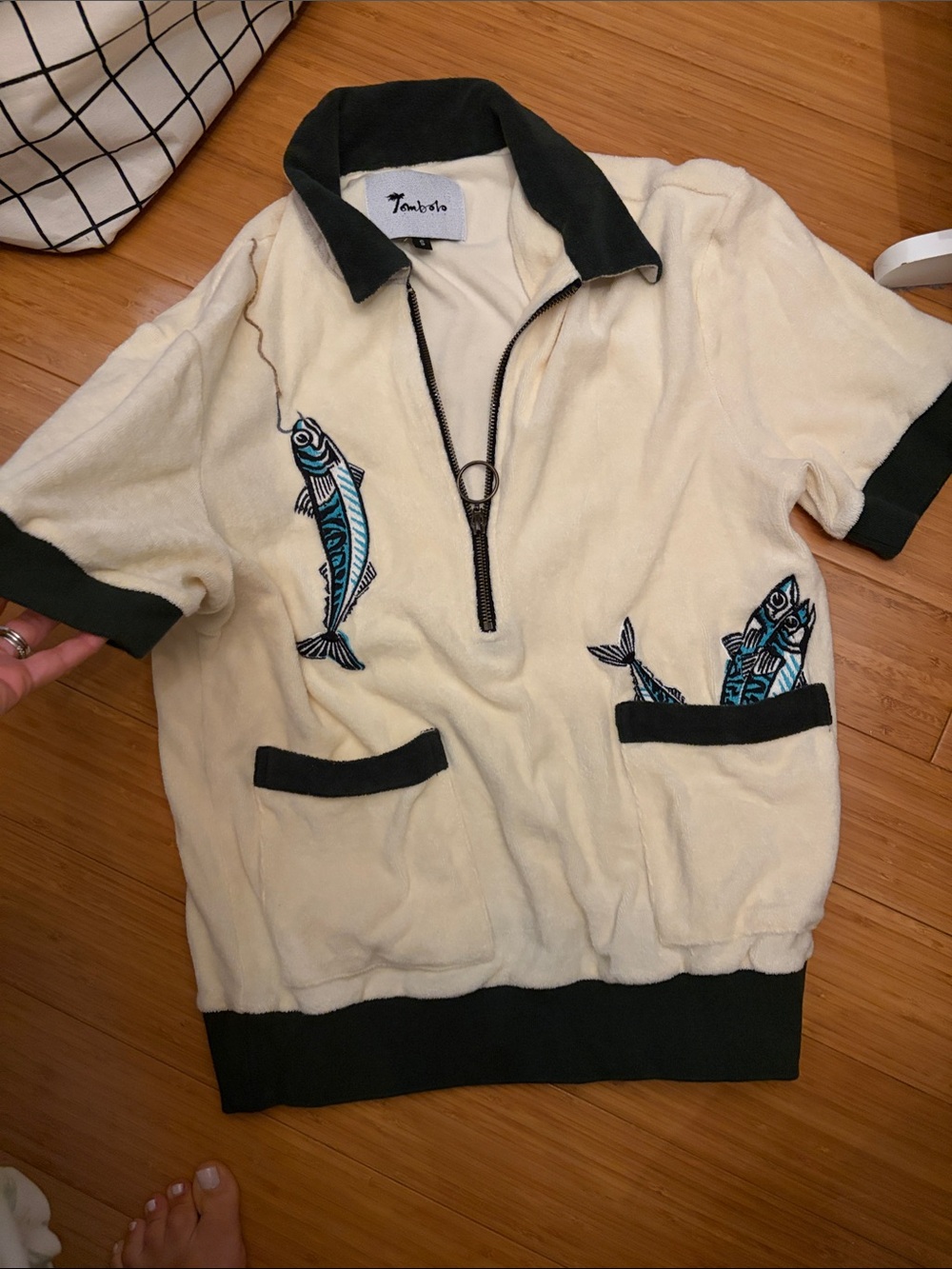 Tombo Cream Organic Cotton Half-Zip Top with Teal Fish Embroidery